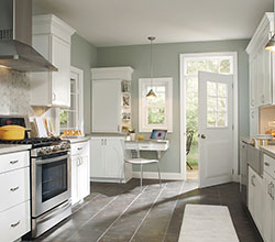 Aristokraft Cabinetry Light Gray Kitchen Cabinets in Brellin, Wood Purestyle Laminate, Finish: Glacier Gray